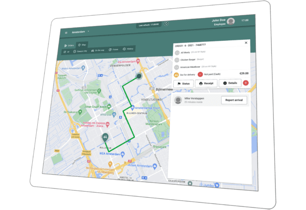 Tablet showingdispatching screen and a delivery driver map.