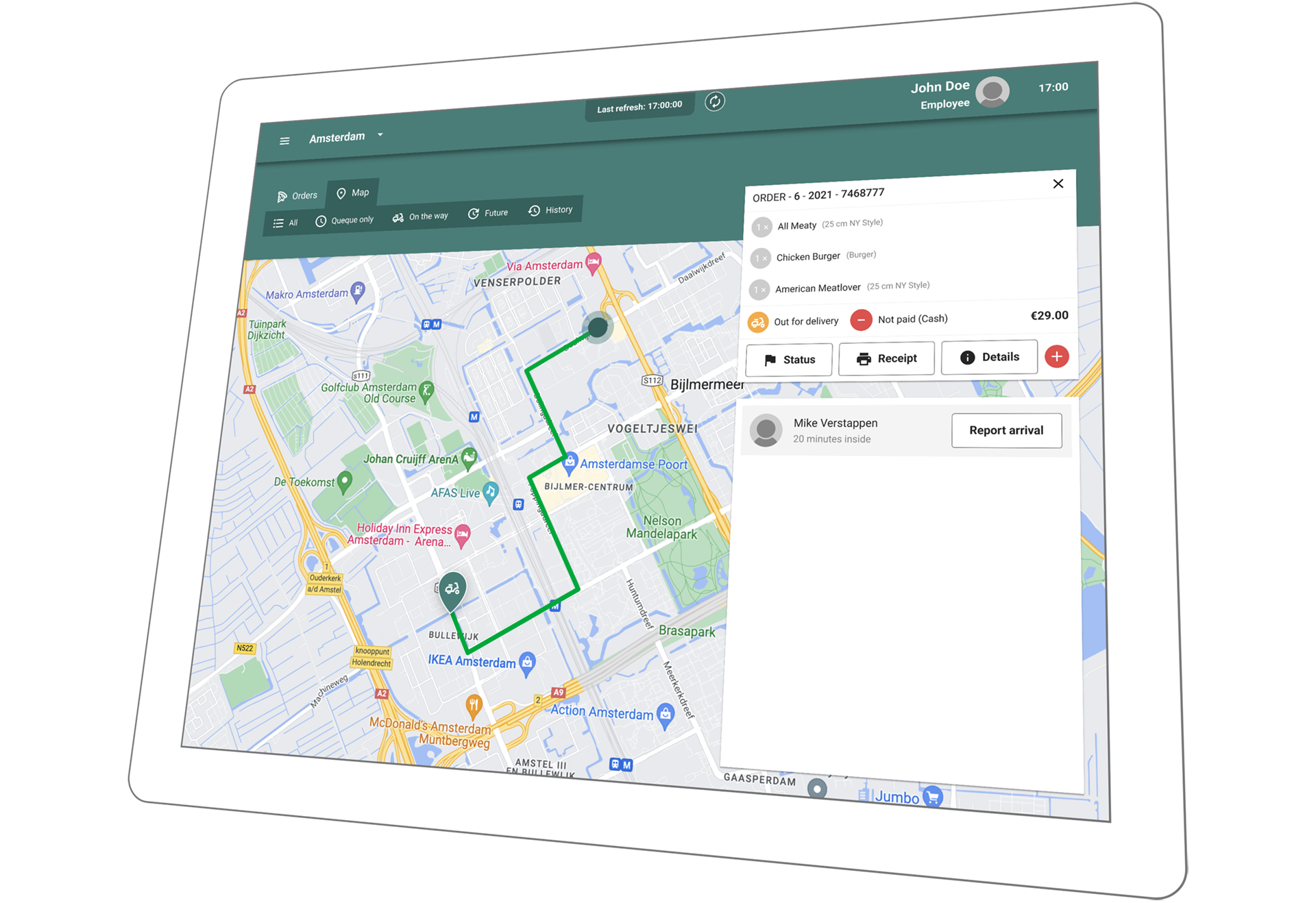 Tablet showingdispatching screen and a delivery driver map.