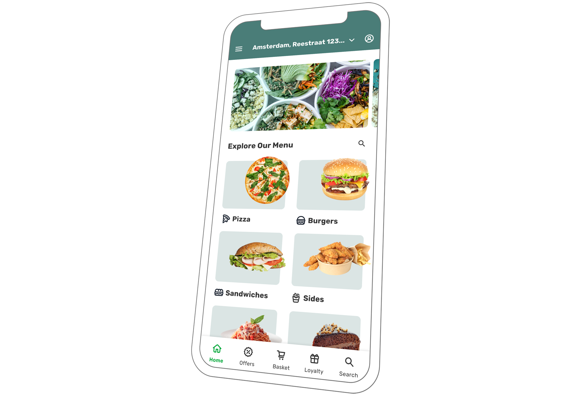 white smartphone showing a food menu from a mobile app