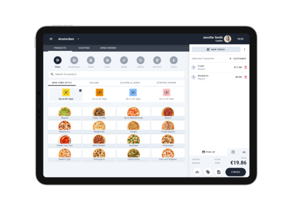 S4D point of sale (POS) interface showing restaurant menu and order management screen