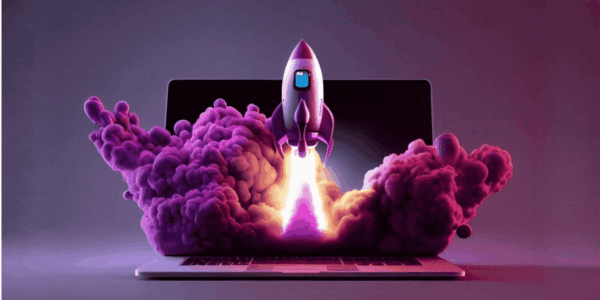 Rocket launching from a laptop, symbolizing growth and performance of restaurant websites and apps