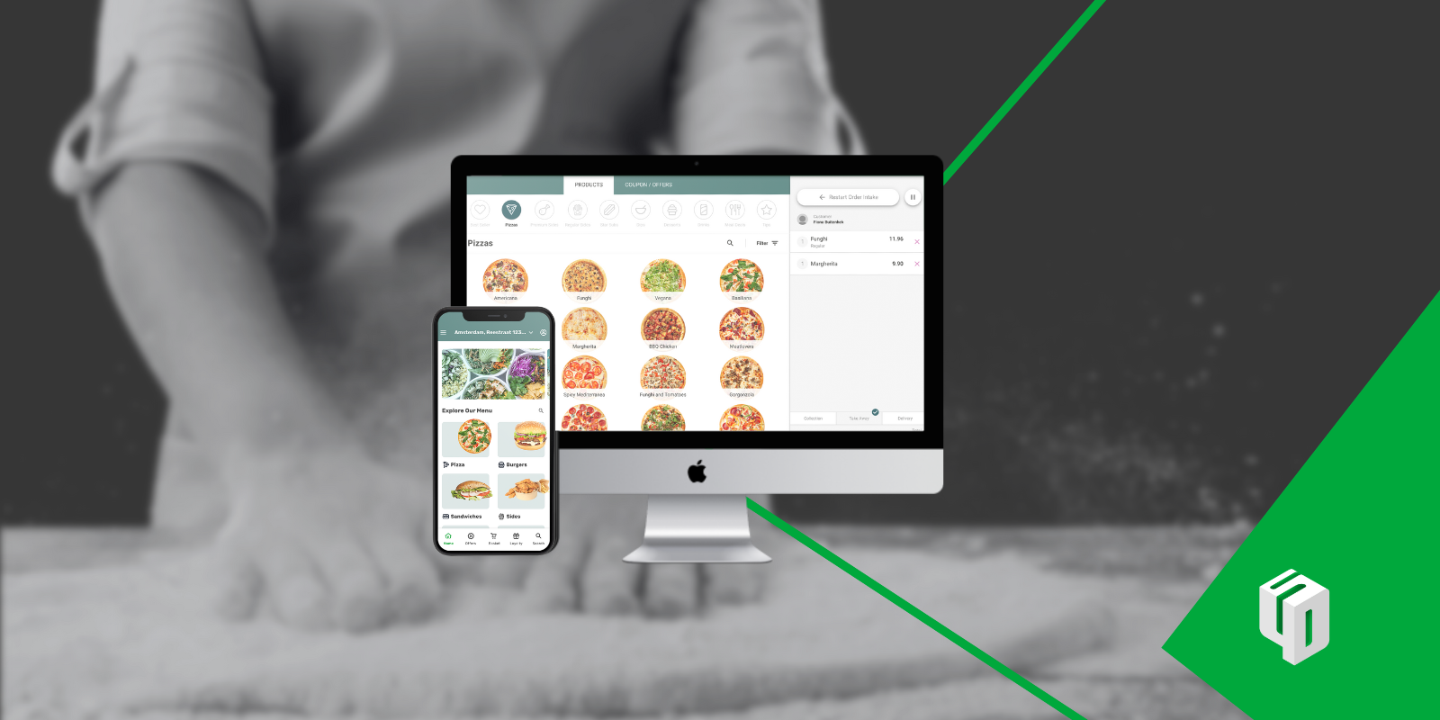cover image with a website and mobile app on the foreground and a pizza baker in the background