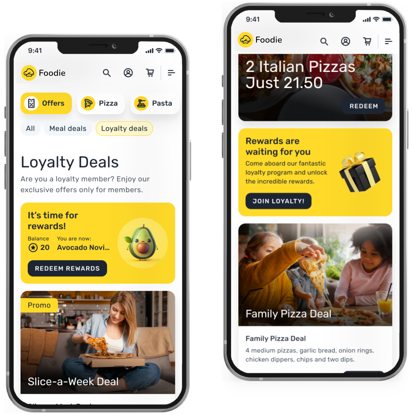 Two screenshots side by side: one showing a page prompting loyal customers to use their rewards, and the other prompting non-loyal customers to enroll in the loyalty program.