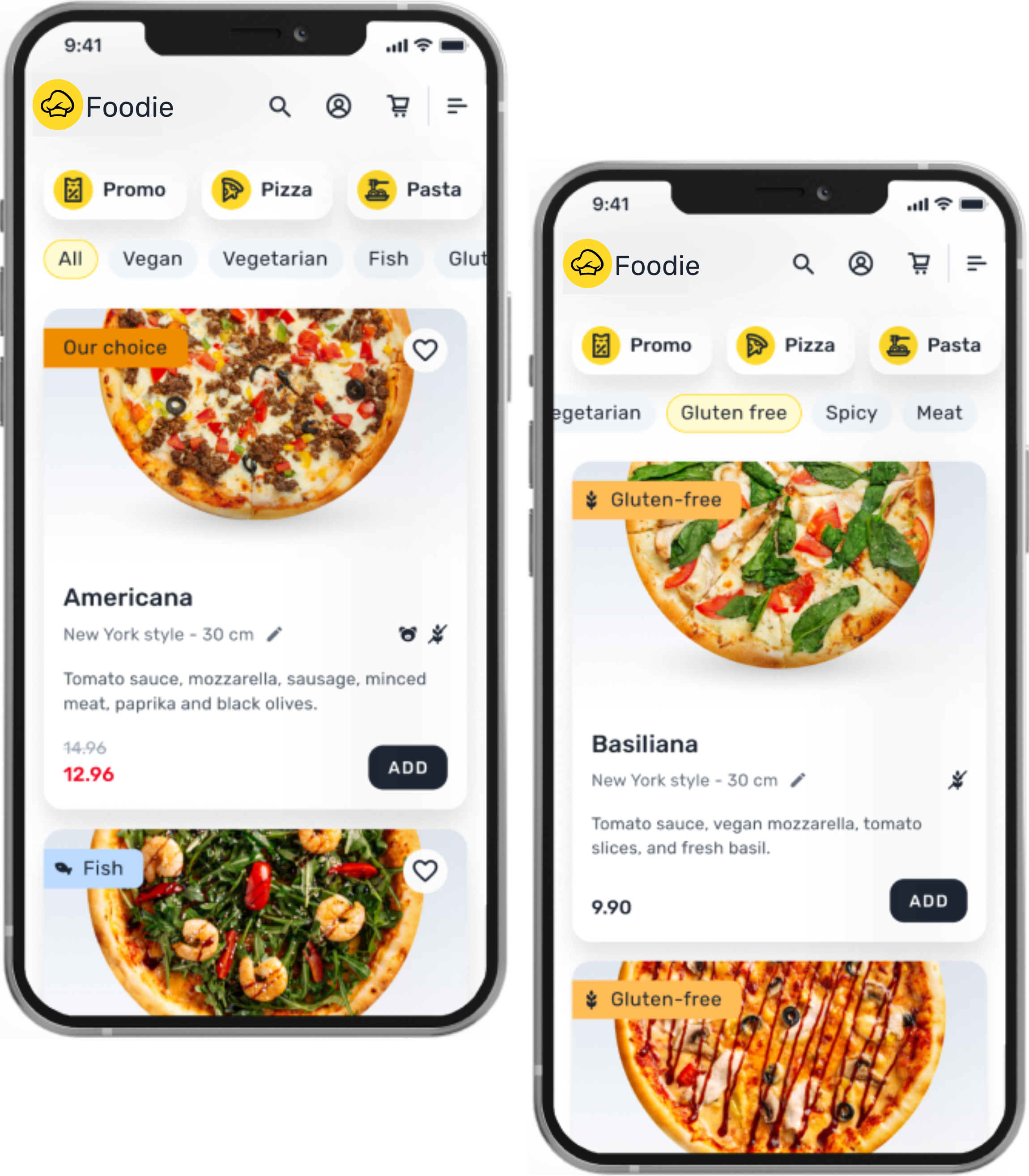 Two screenshots of pizzas displayed on a product landing page, inviting visitors to explore menu options and make a purchase decision